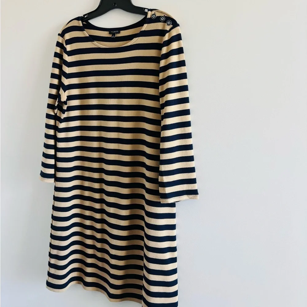 Talbots Dress Navy Tan Stripe Long Sleeve Cotton Knee Women’s L Preppy Nautical
